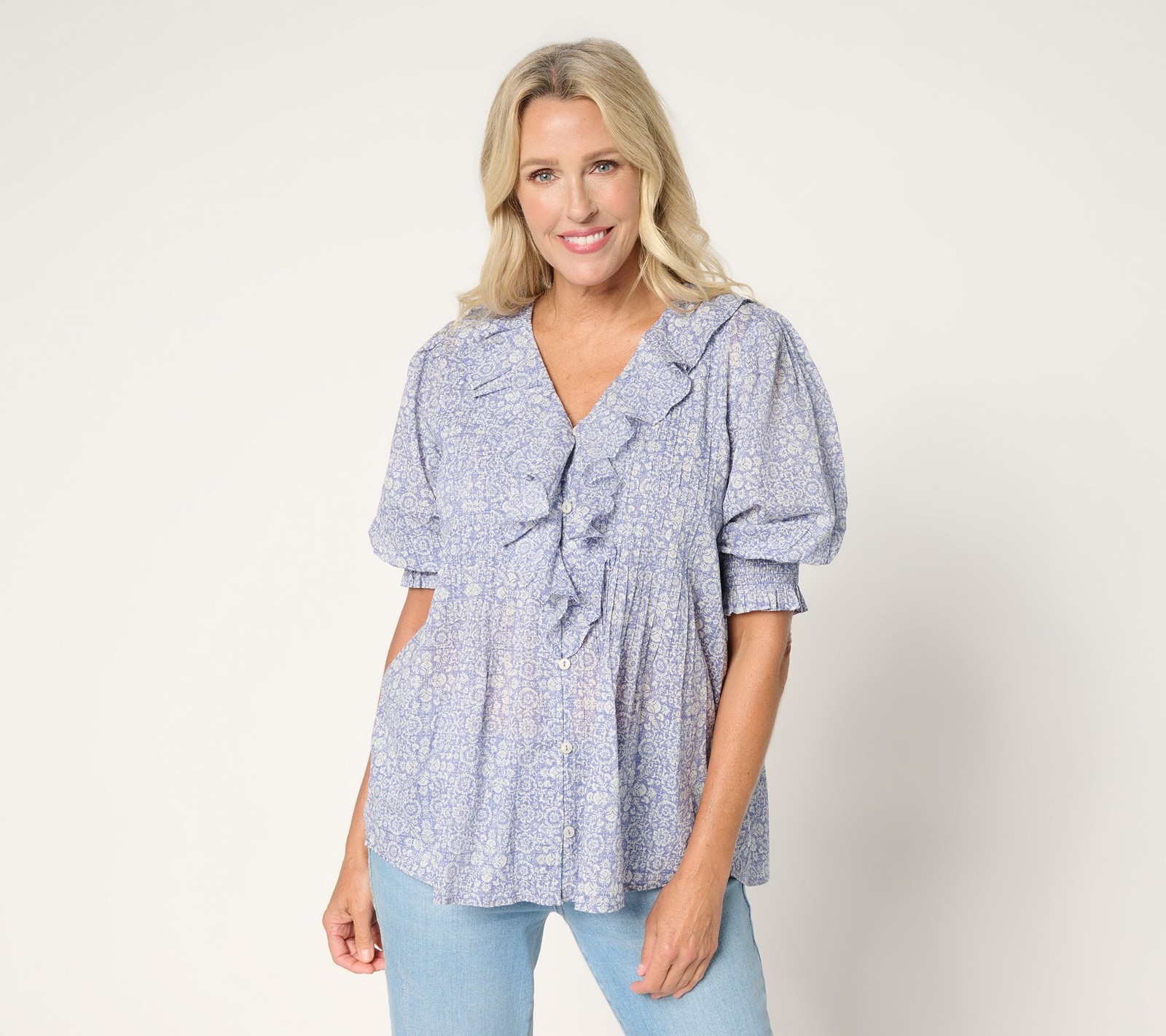 Ree by The Pioneer Woman Printed 100% Cotton Ruffle Front Blouse Icy Blue Geo 1X