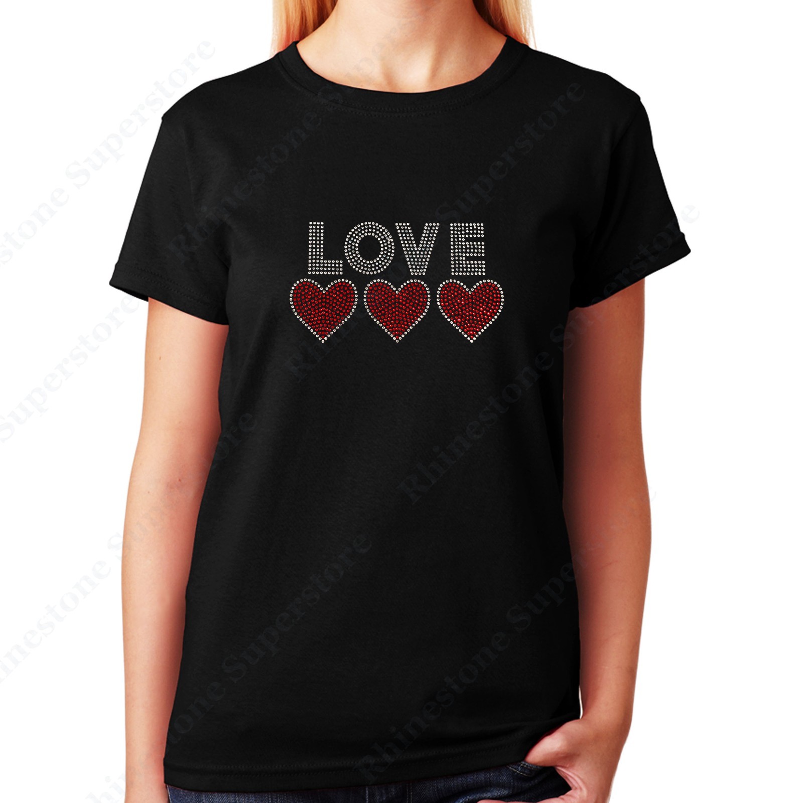 Womens / Unisex Rhinestone T-shirt ” Love with 3 Hearts ” in S, M, L, XL, 2X, 3X