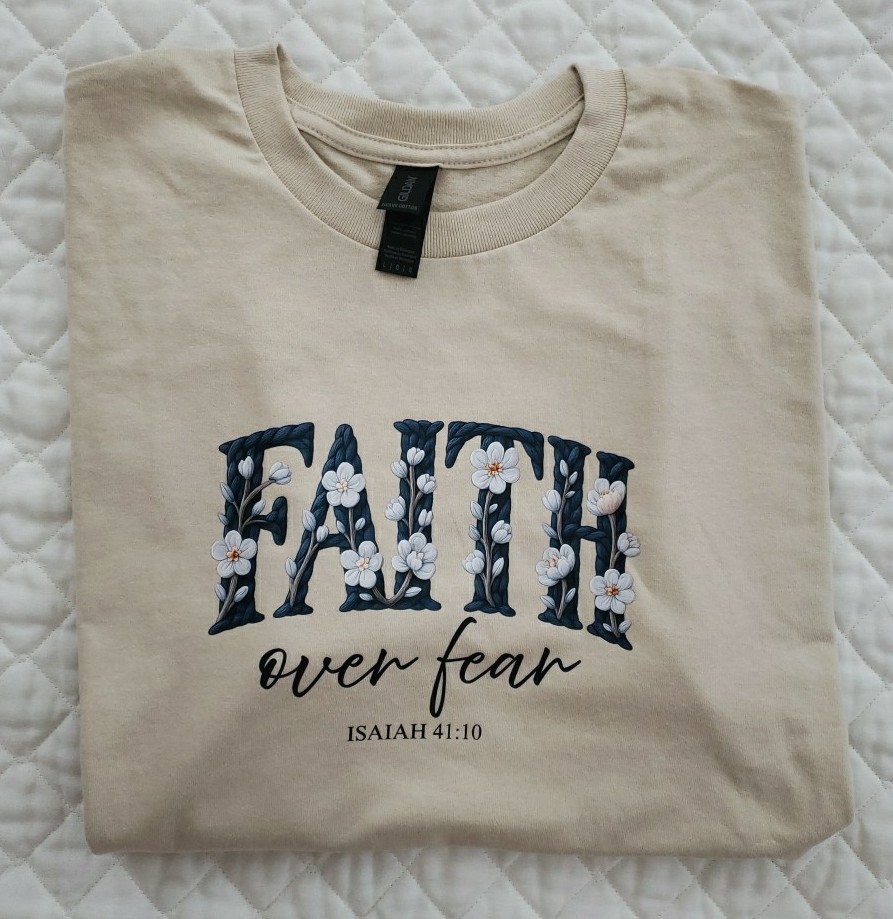 Women’s Faith Christian Faith Over Fear Large Women’s Sand Short Sleeve T Shirt