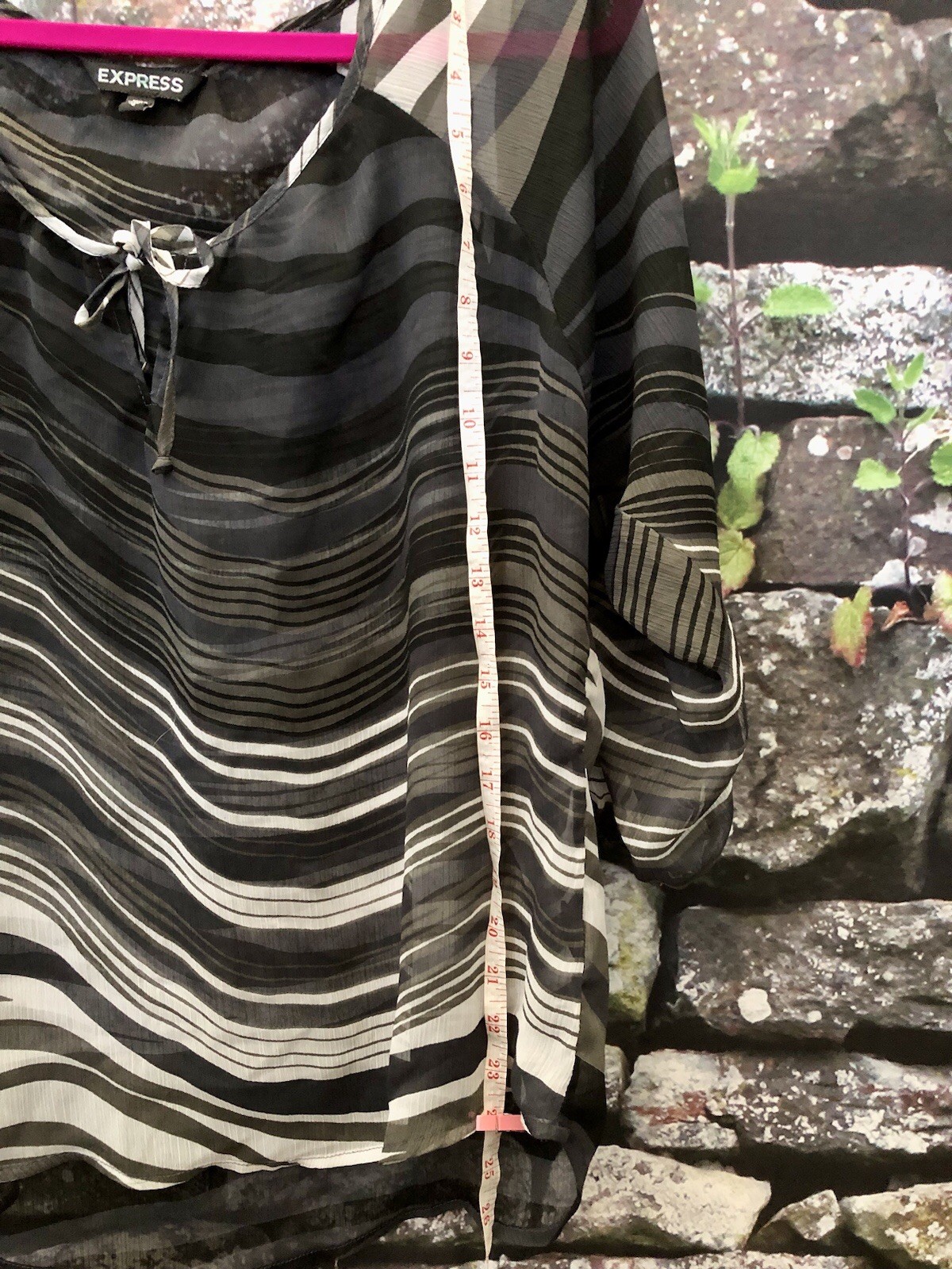 Express Black Grey Abstract Chiffon Blouse Tie Front Accent Hi Lo Sheer Size M