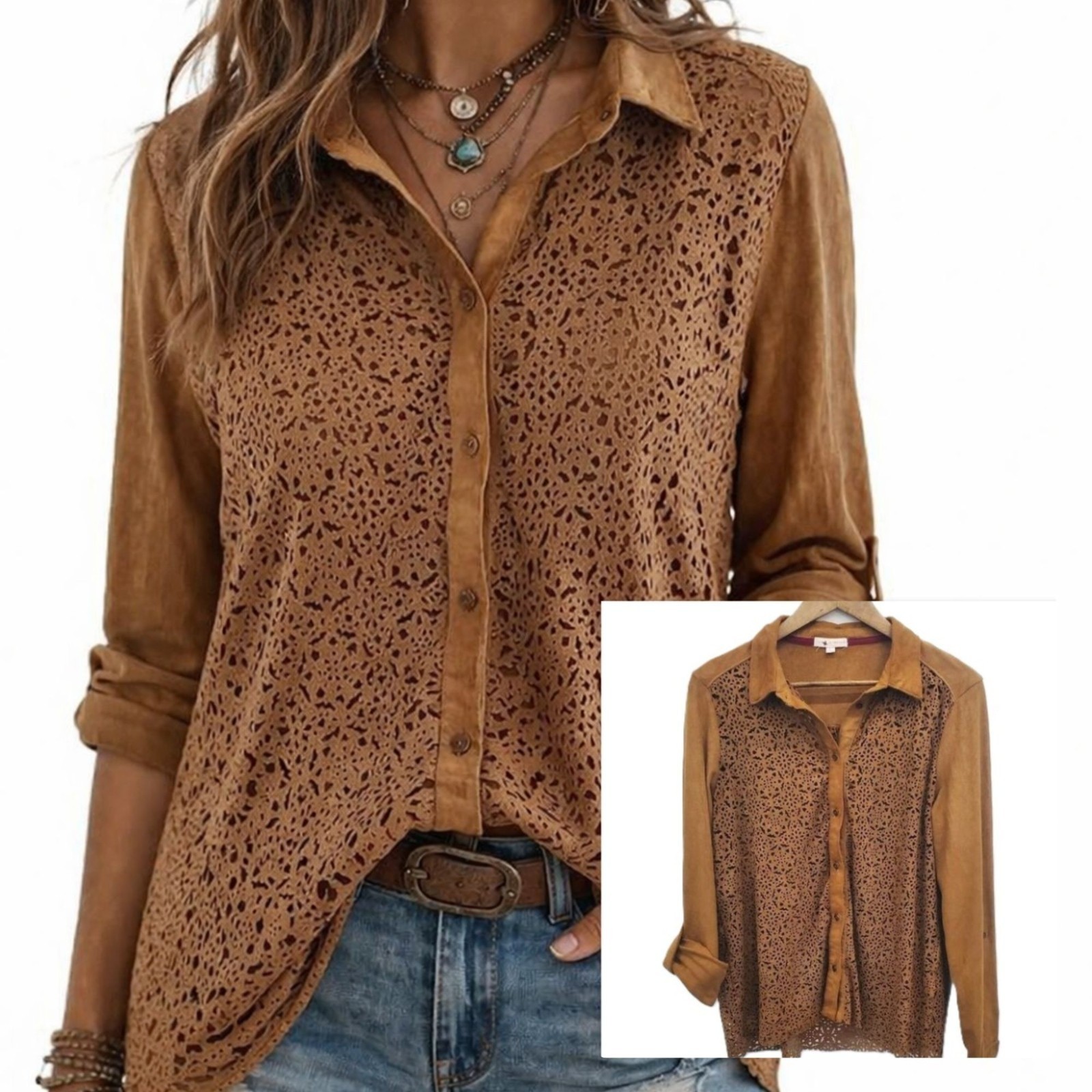 Coco Jaimeson Western Faux Suede Blouse Laser Cut Button Up Roll Tab Festival L