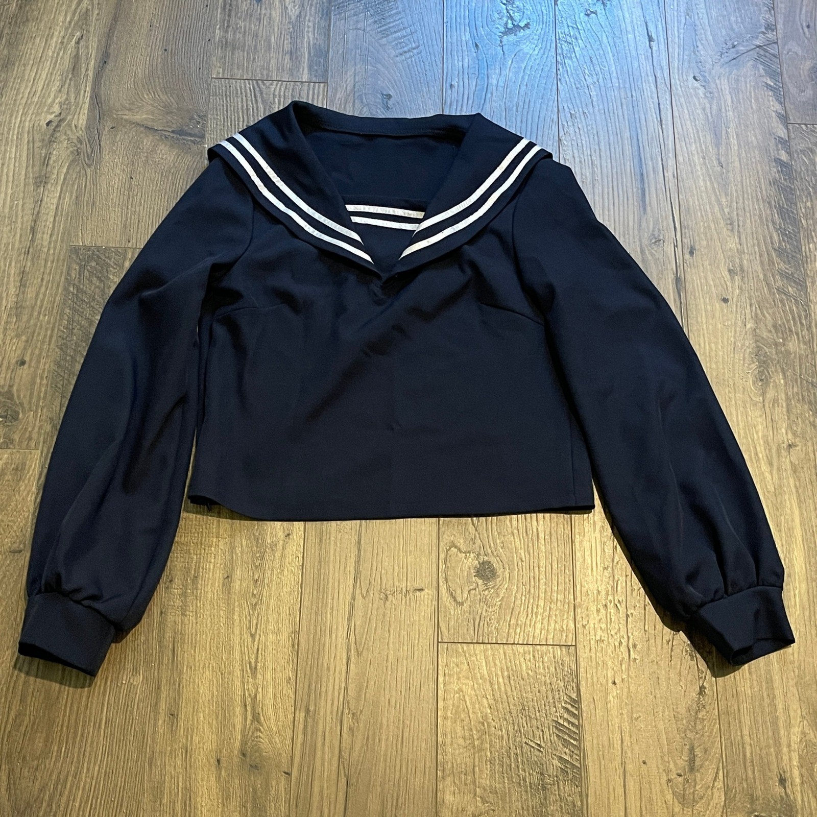 Navy Blue Sailor Collar Blouse White Nautical Stripe Long Sleeve Side Zip Top