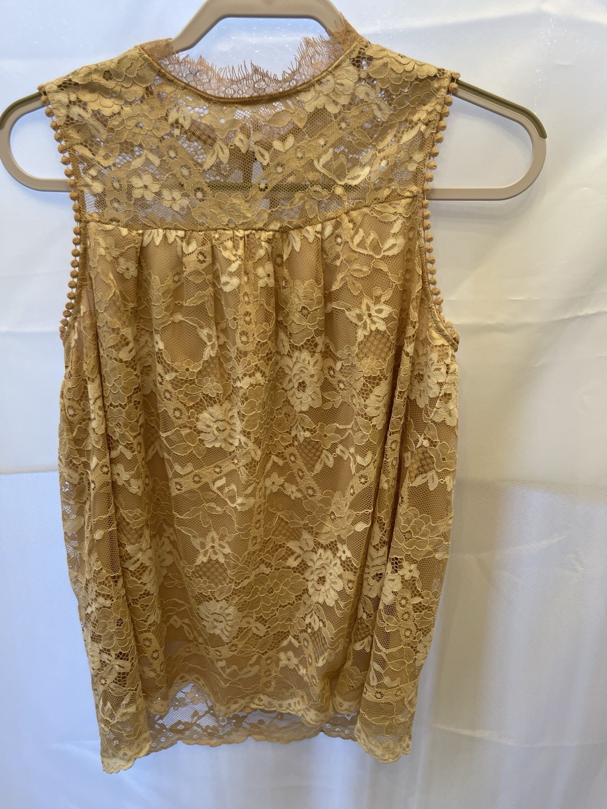 Coco + Jaimeson Lace Blouse Nude Eyelash Trim Boho Pom Trim Shoulder Top