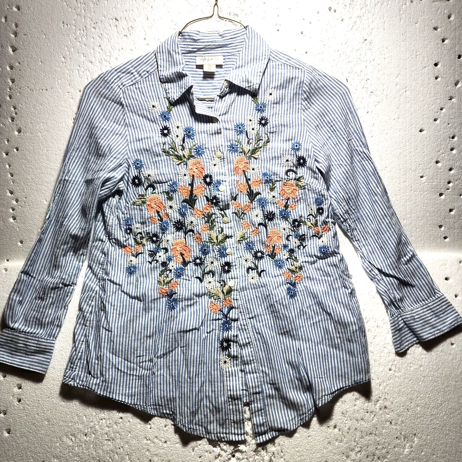 Style & Co Top Womens Medium Petite Blue Striped Embroidered Plants Long Sleeve