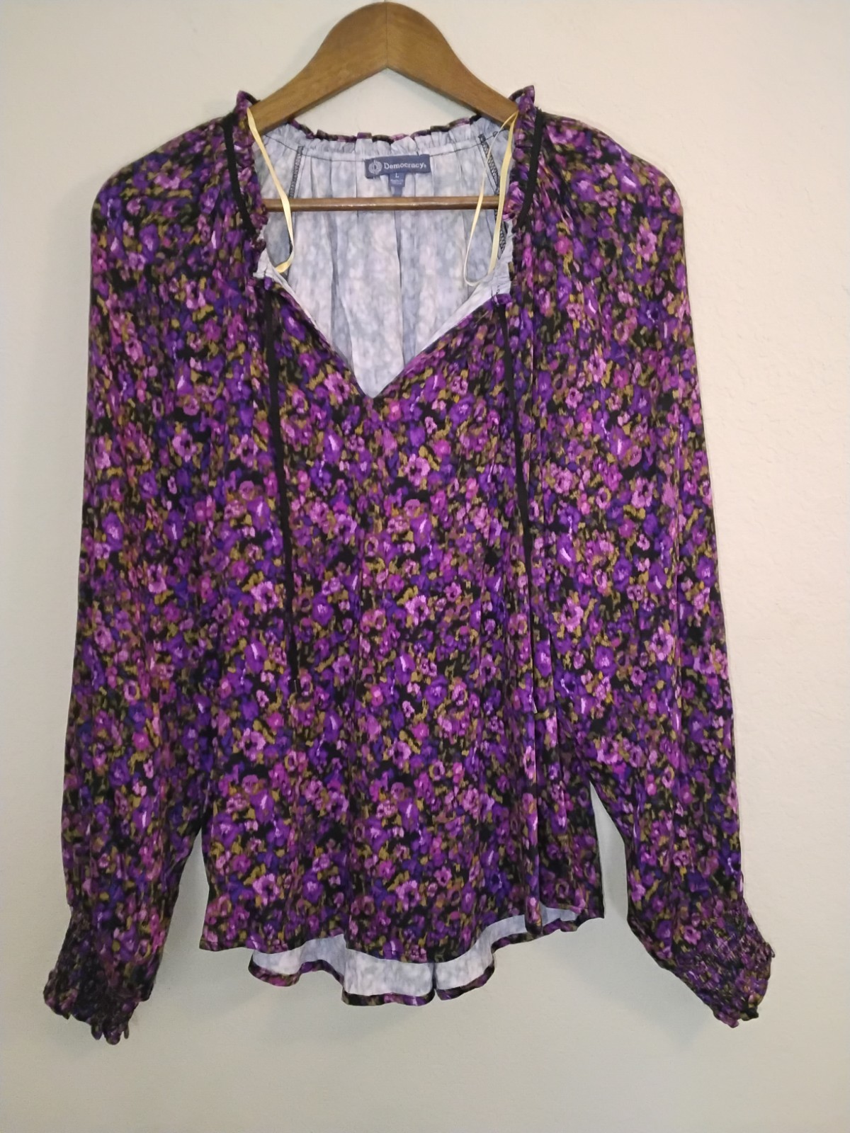 Democracy Blouse Womens Large Black Purple Pink Floral Cottagecore Peasant Top