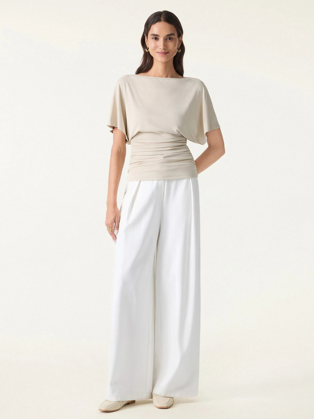 OGL Effortless Boatneck Batwing Sleeve Side Ruched Top, New