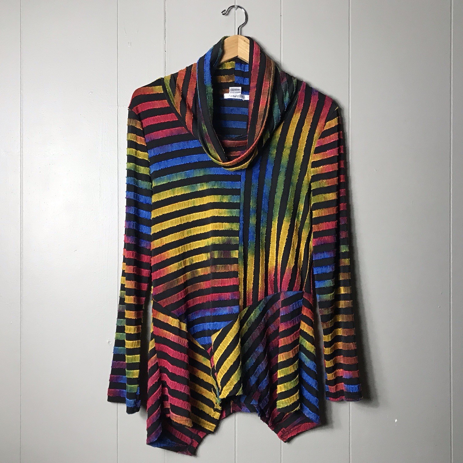 FERATELLI JACQUARD STRIPED TIE-DYE COWL NECK TUNIC 100& RAYON WOMENS SIZE MEDIUM