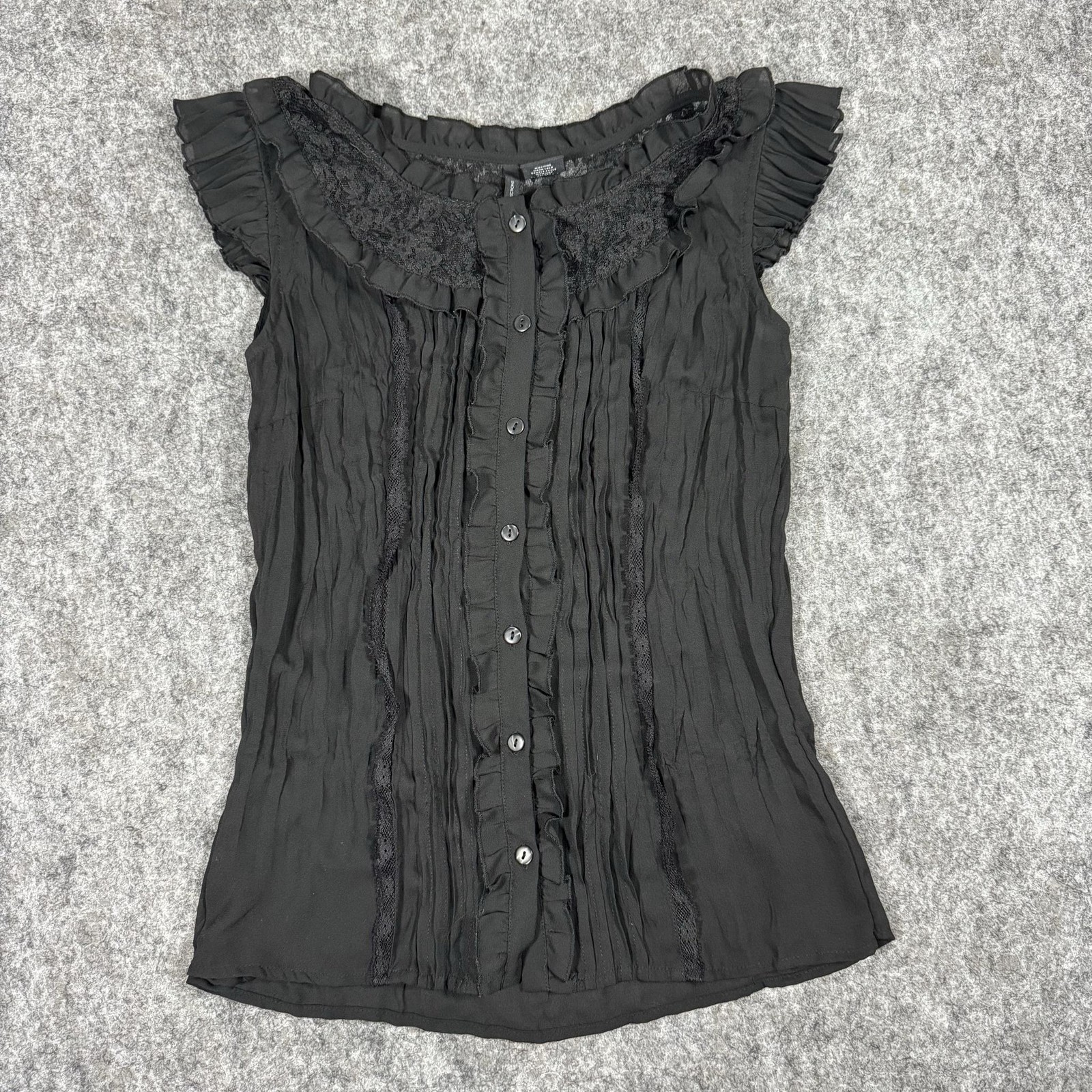 New Directions Blouse Womens M Black Lace Ruffle Pleated Button Gothic Sheer
