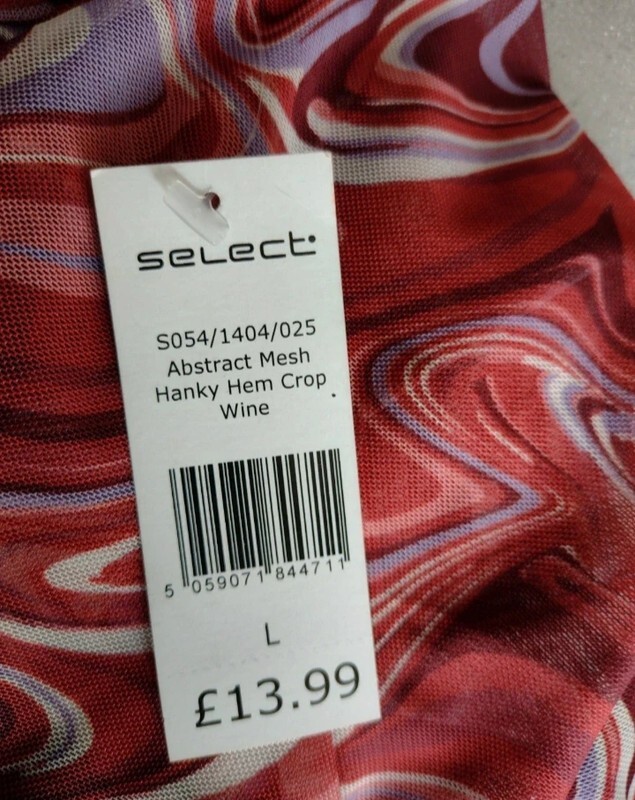 Select Marble Print Mesh Crop Top Red Purple Ruched Long Sleeve V-Hem Size Large