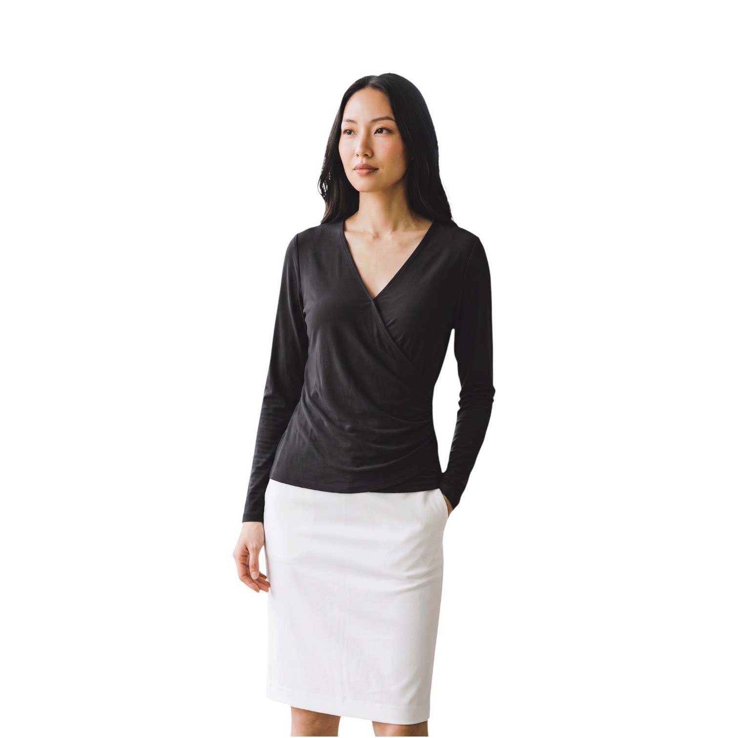 INC International Concepts Womens Deep Black Surplice Ruched Long Sleeve Top