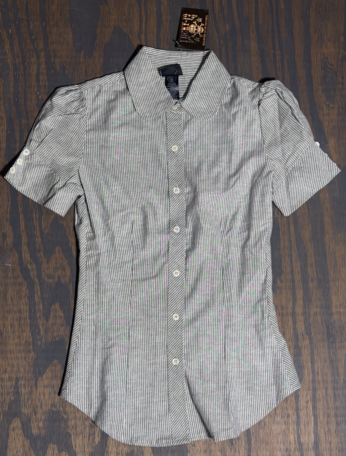 NOS Lucky 13 brand Ice Cream Shop Shirt Rockabilly 50’s Retro Grey White Stripe