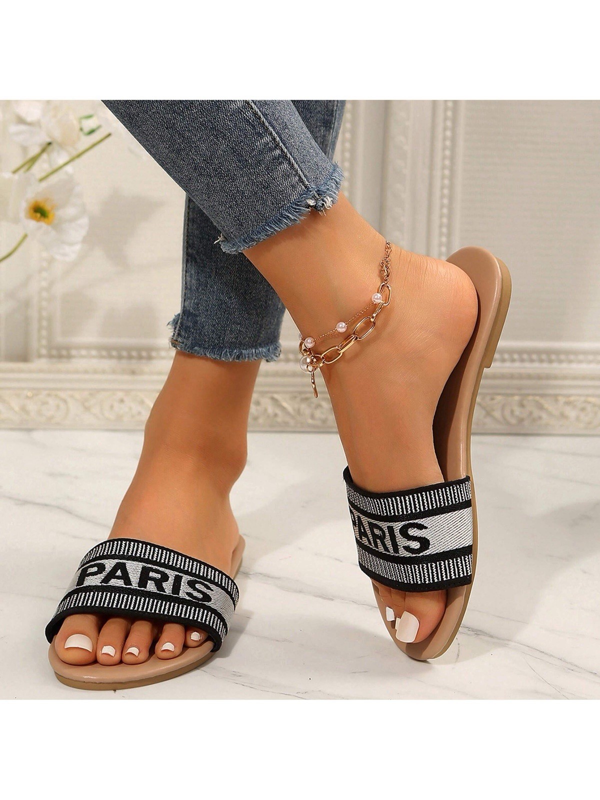 Women’s Beige PARIS Slide Sandals Open Toe Flat Slip On Casual Summer Shoes
