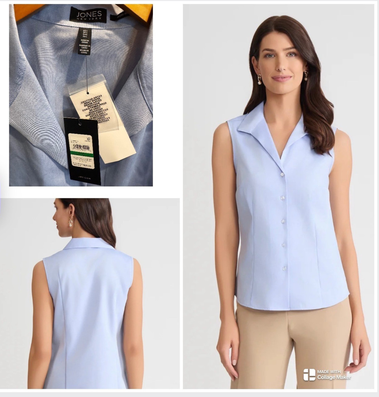 NWT Jones New York Non-Iron Blue Sleeveless Easy Care Button-Up Shirt Size L