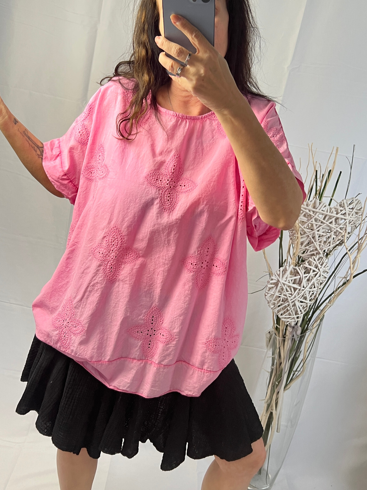 Italy new collection shirt blouse pink wash blogger size 38 40 42 44 eyelet embroidery