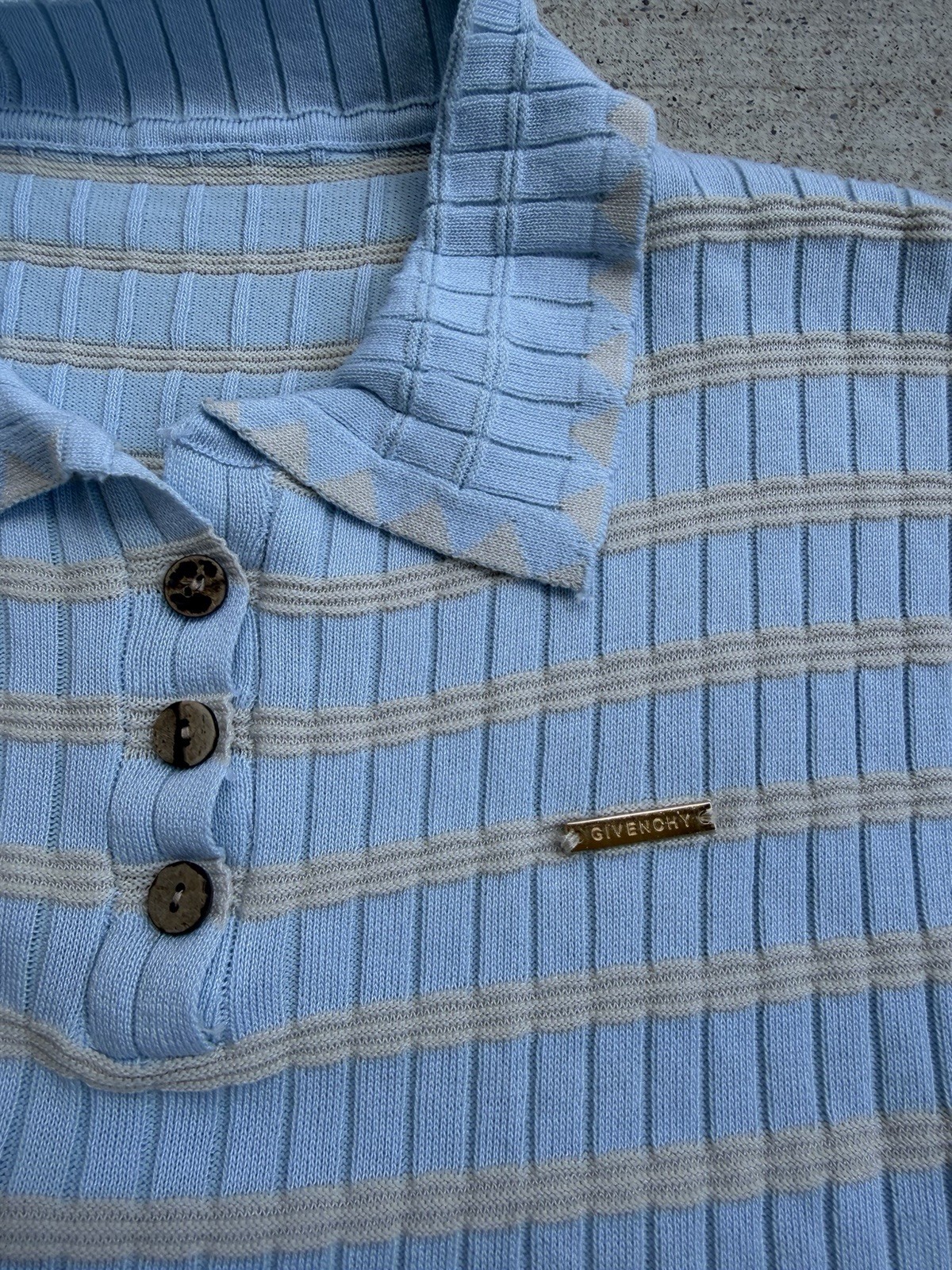 Givenchy Ribbed Knit Striped Polo Shirt Gold Logo Blue Cream Women’s XS S