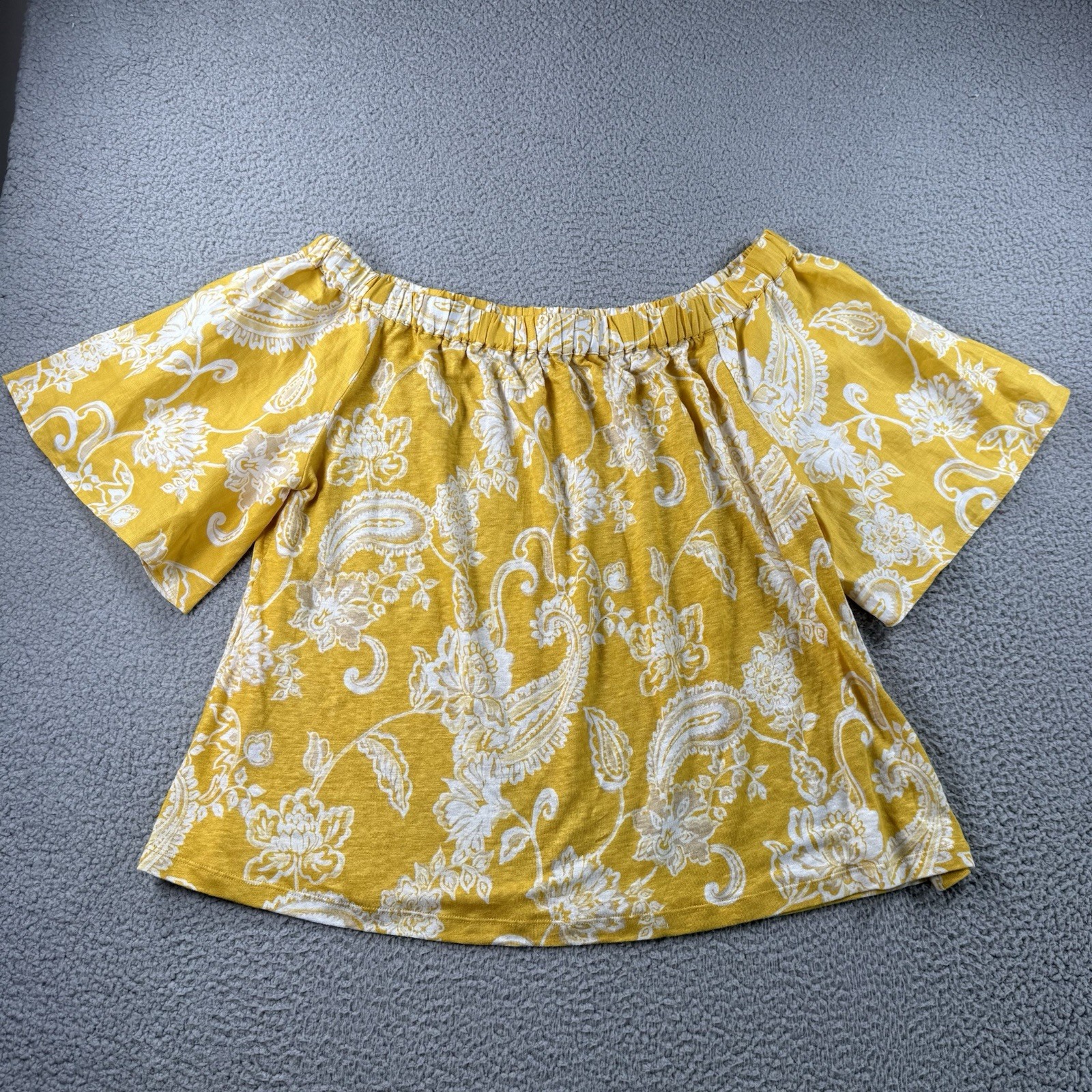 Chicos Top Womens 3 (XL) Yellow Linen Floral Off Shoulder Boho Tropical Resort