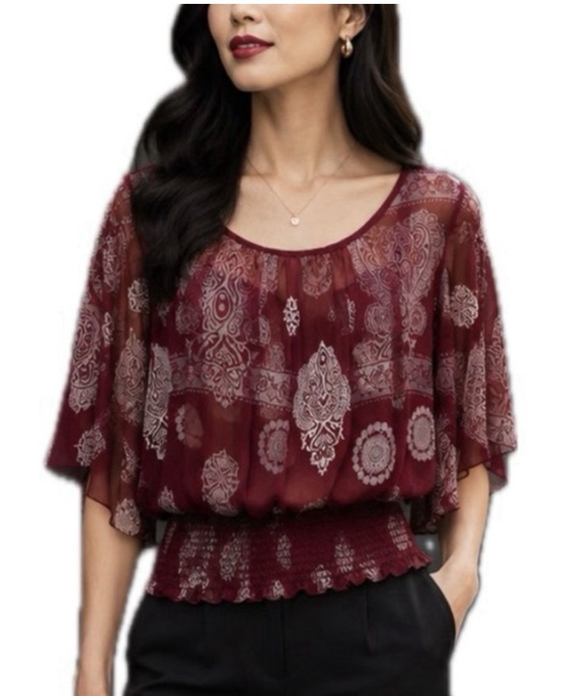 Papaya Women’s S Regular Burgundy/White Paisley Scoop Neck Dolman Blouse