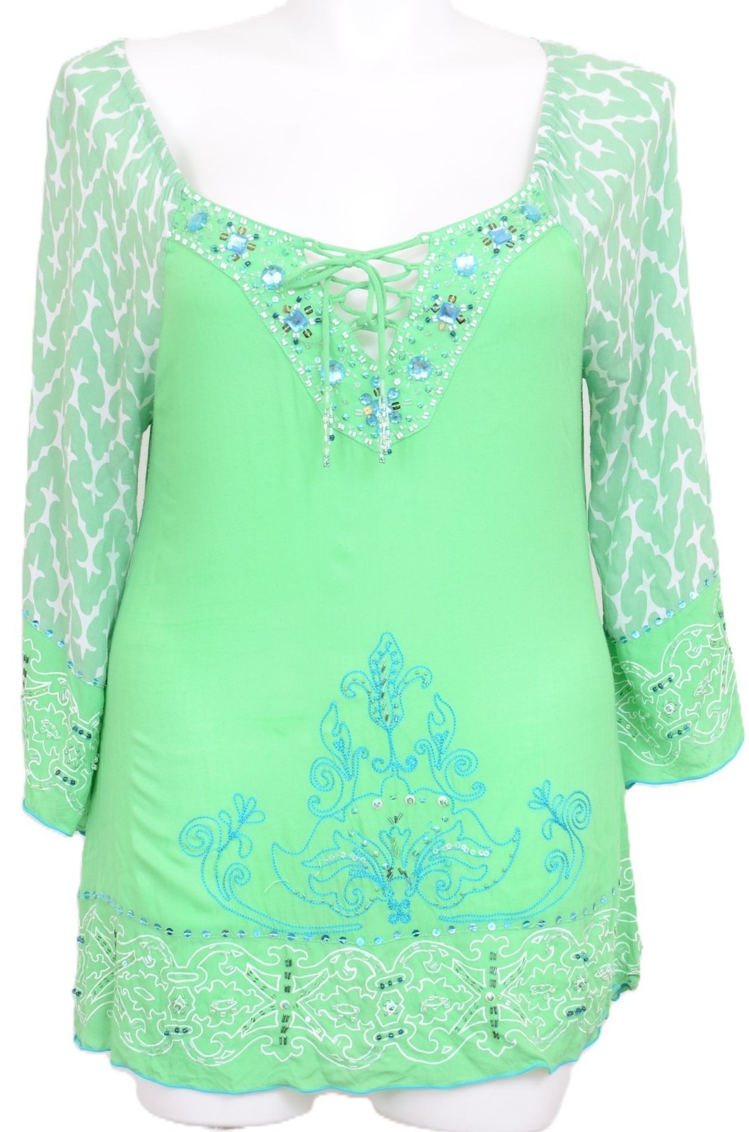 KRISTA LEE Peasant Bohemian Colorful Sequins Embroidered Tunic Blouse Size L
