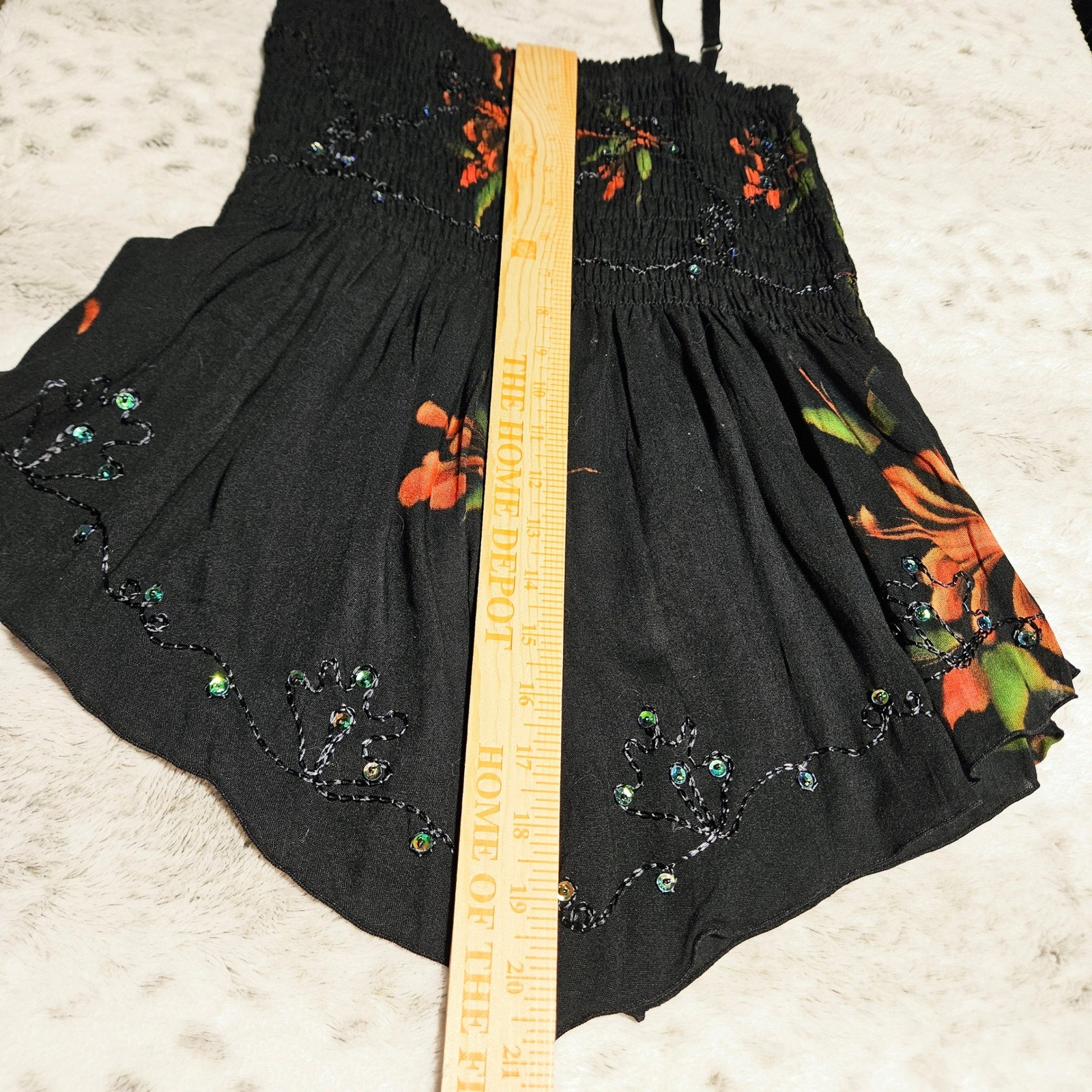 Boho Y2K Black Floral Smocked Sequin Camisole Top S Fairycore Beachy Festival