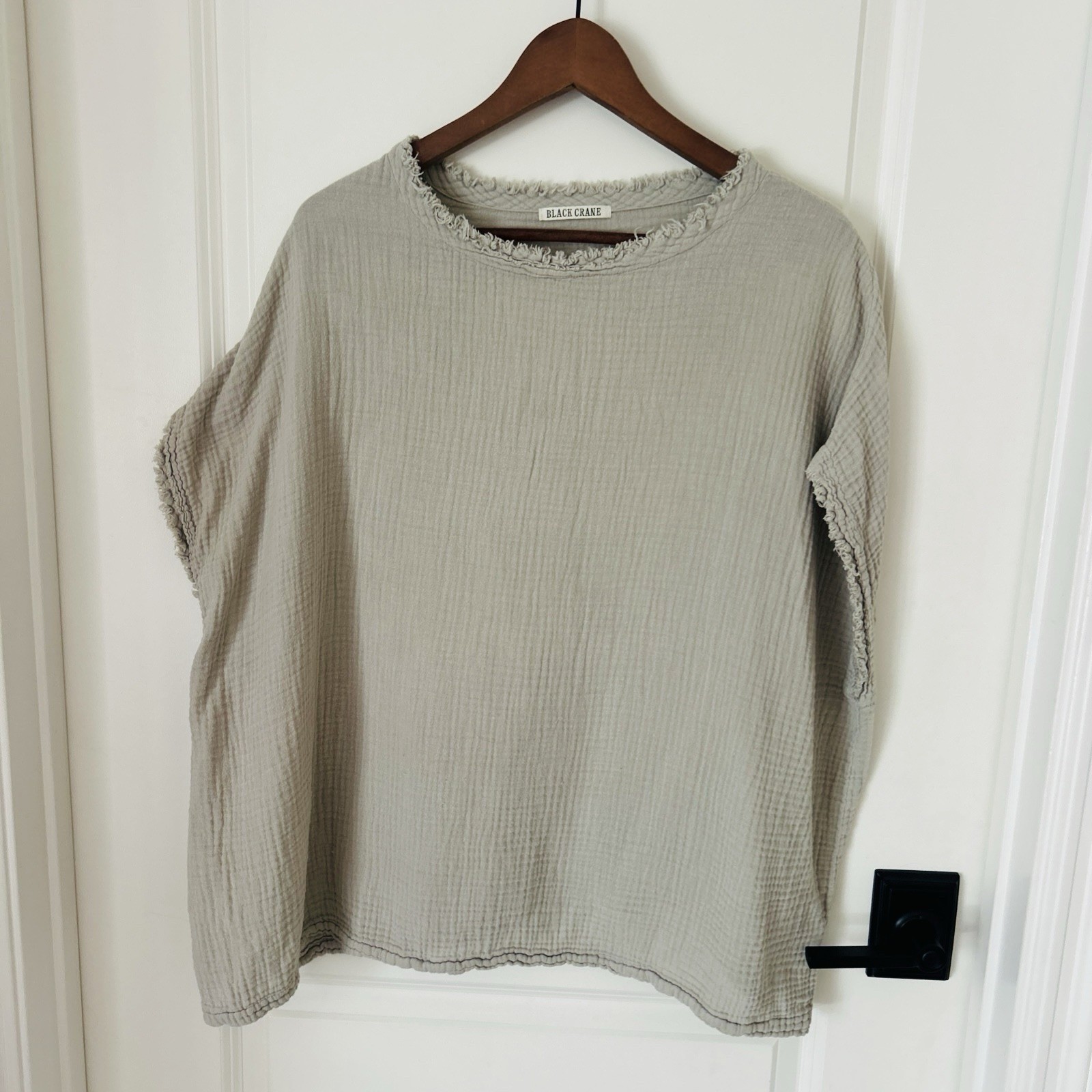 Black Crane Double Gauze 100% Cotton Square Boxy S/S Top Lagenlook OS Color:Sand