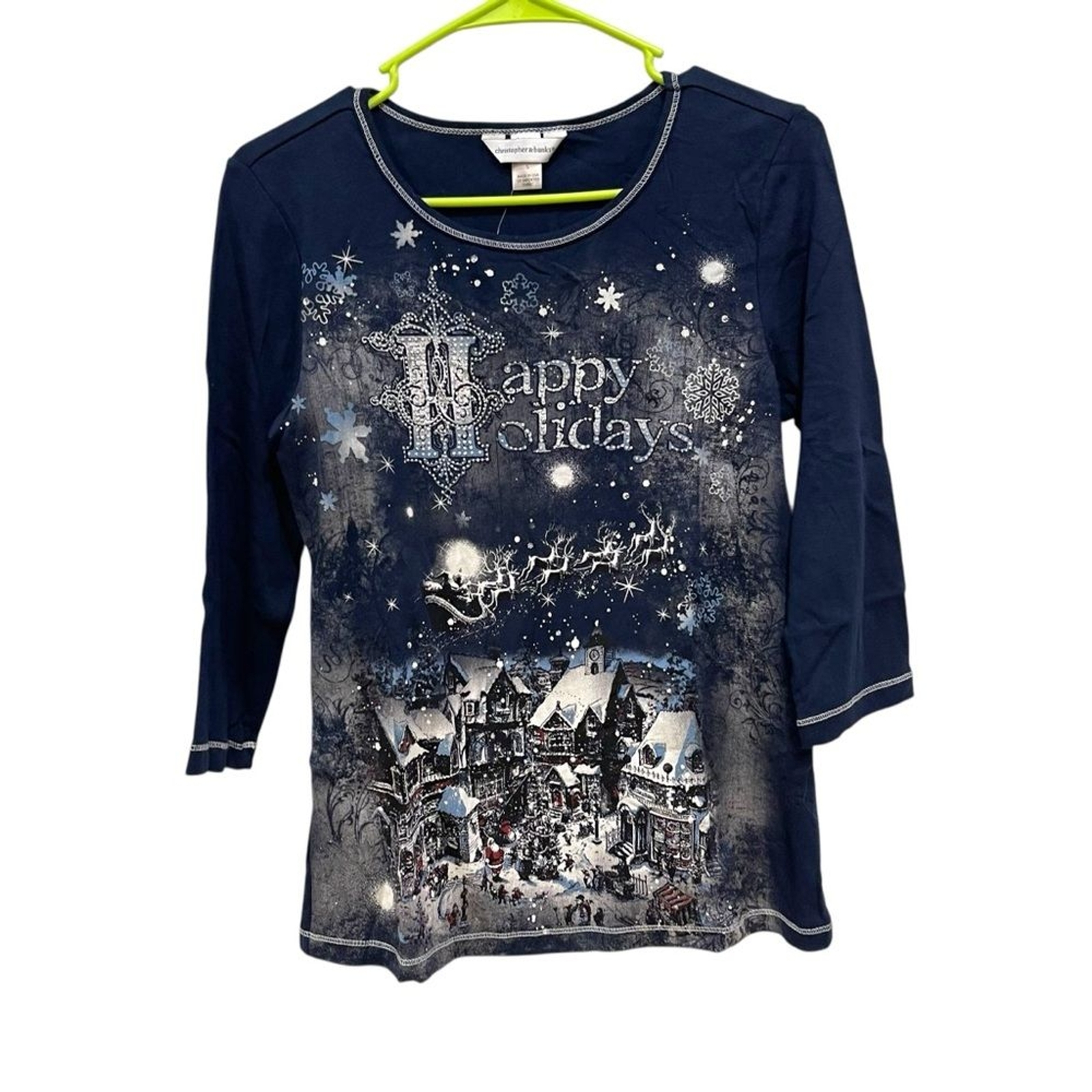 Christopher & Banks Happy Holidays 3/4” Sleeve Blouse Xmas Graphics NWT Womens S