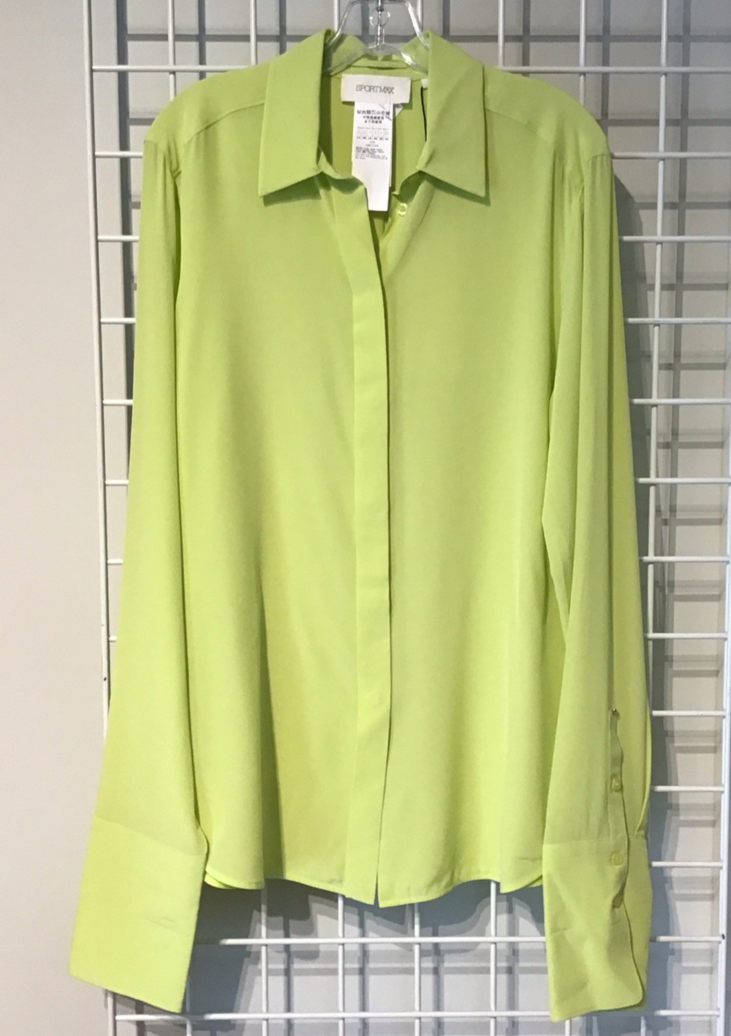 Max Mara SPORTMAX Algebra Lime Silk Shirt Button Front Elongated Cuffs NWOT US14