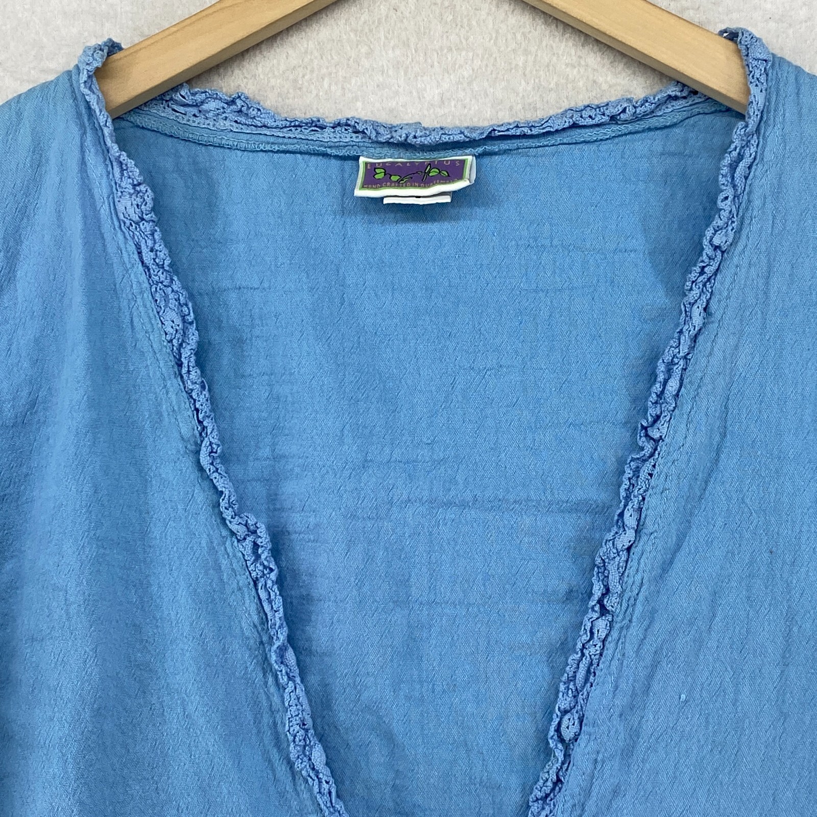 EUCALYPTUS Top Womens S Hand Crafted Crochet Trim Lagenlook Cotton Blue