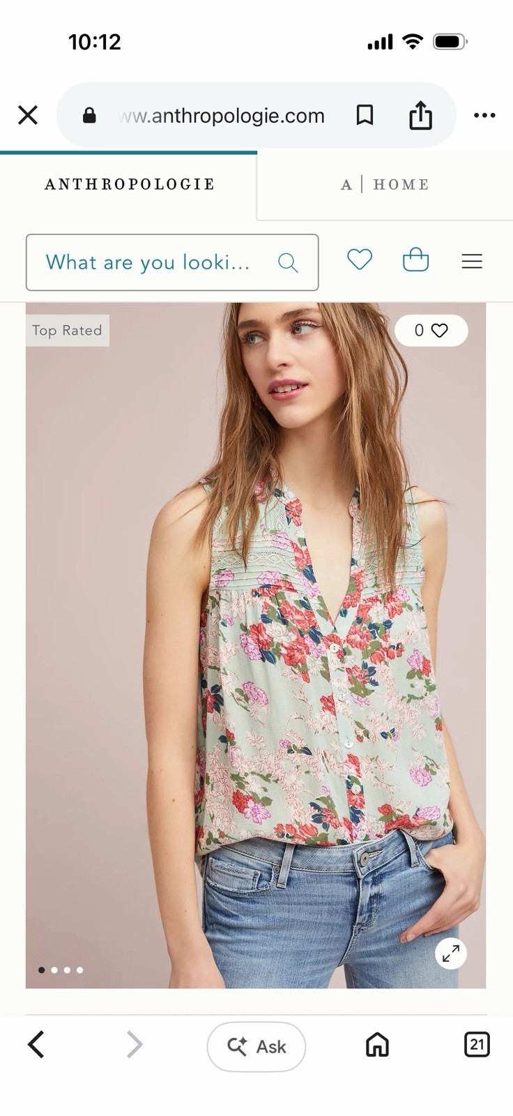 Anthropologie Meadow Rue Top Women’s US 6 Mint Green Floral Sleeveless
