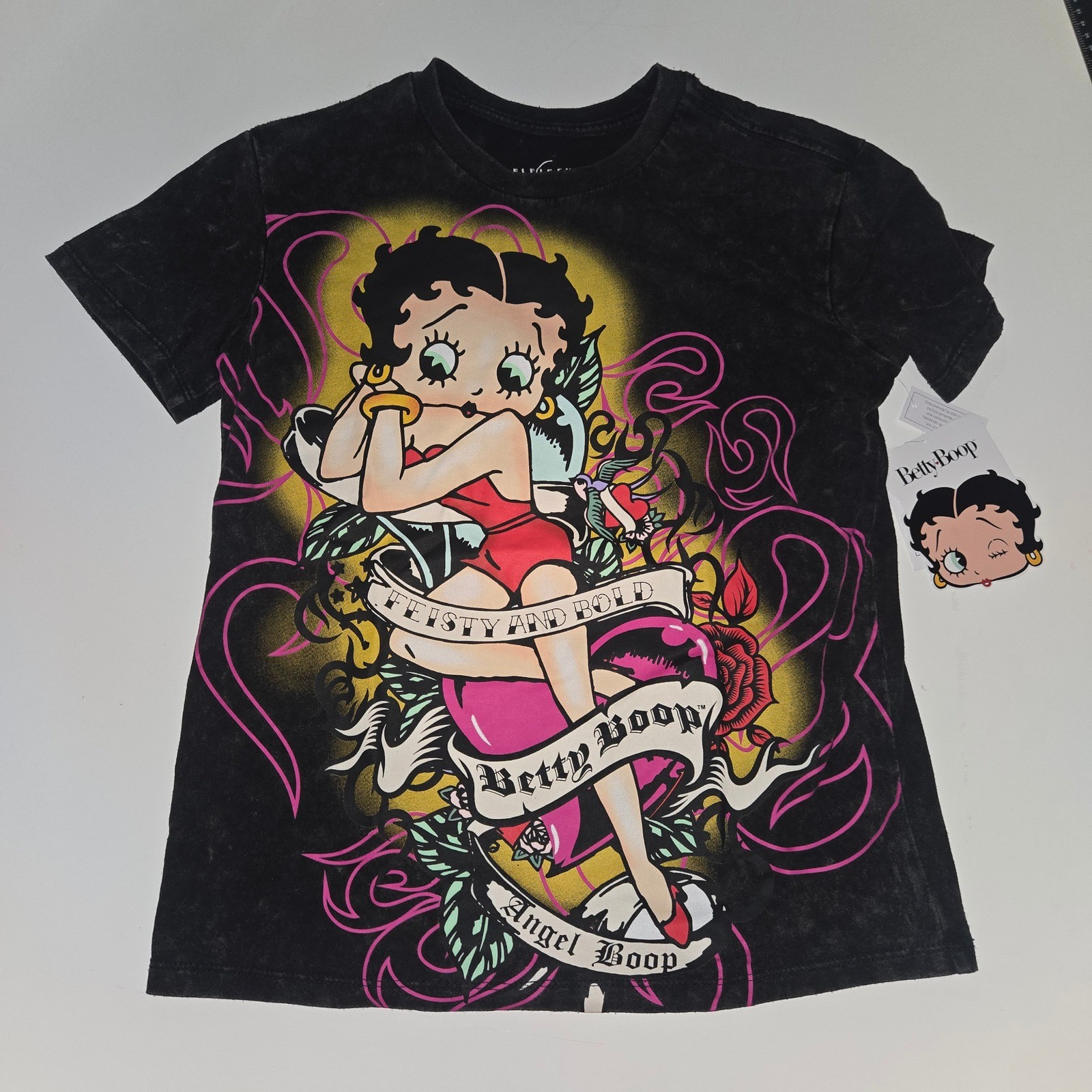 Betty Boop Graphic Tee Black Mineral Wash Tattoo Style Feisty and Bold XXS NWT