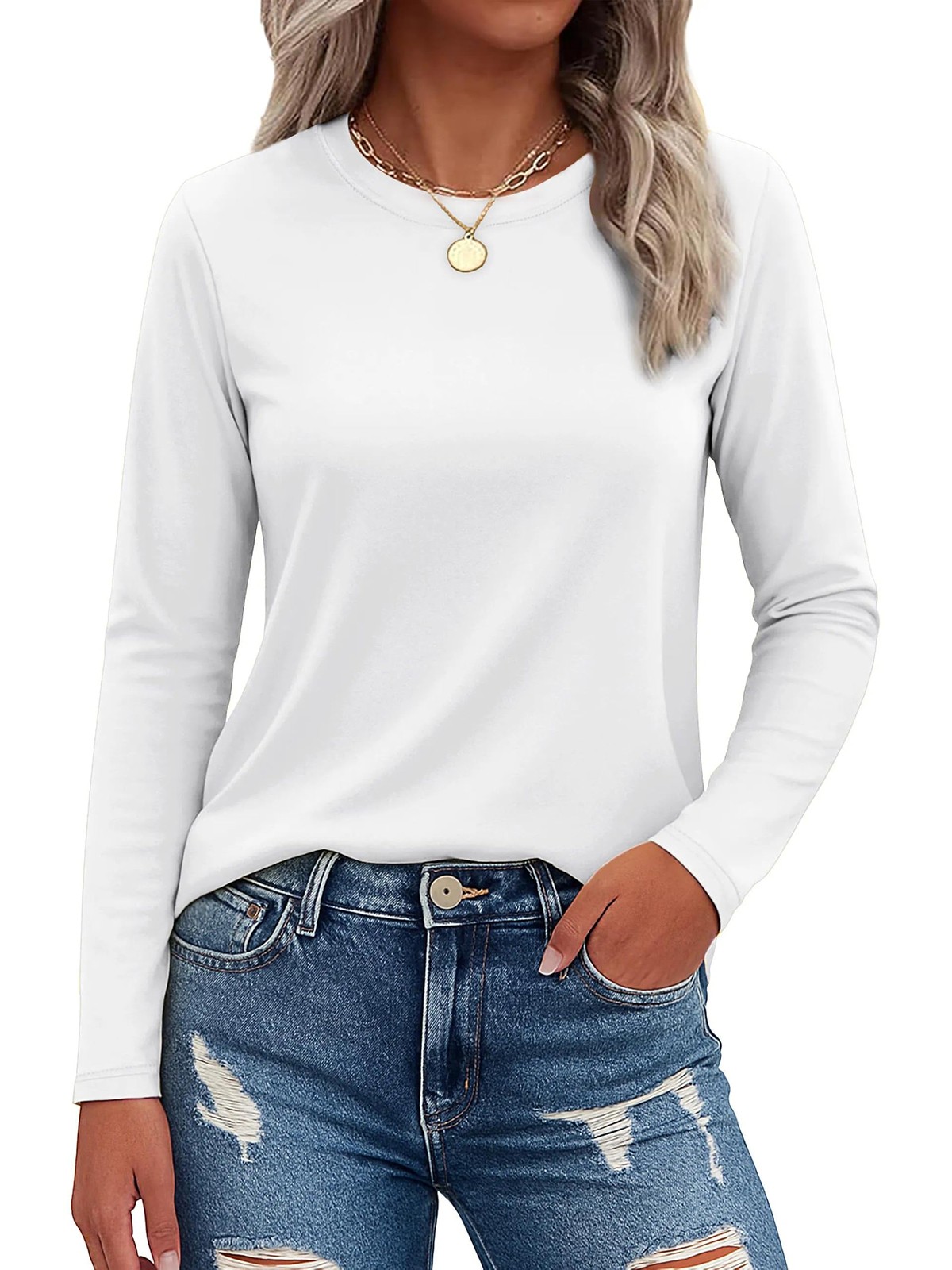 Women’s Long Sleeve Shirt Cotton Blend Crewneck Basic Tops Soft Casual T-Shirts