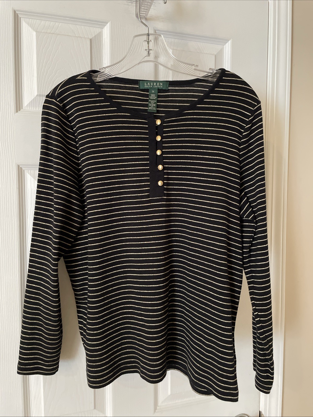 Ralph Lauren Women Gorgeous Black Gold, Stripe Top Long Sleeve Sz 1XL