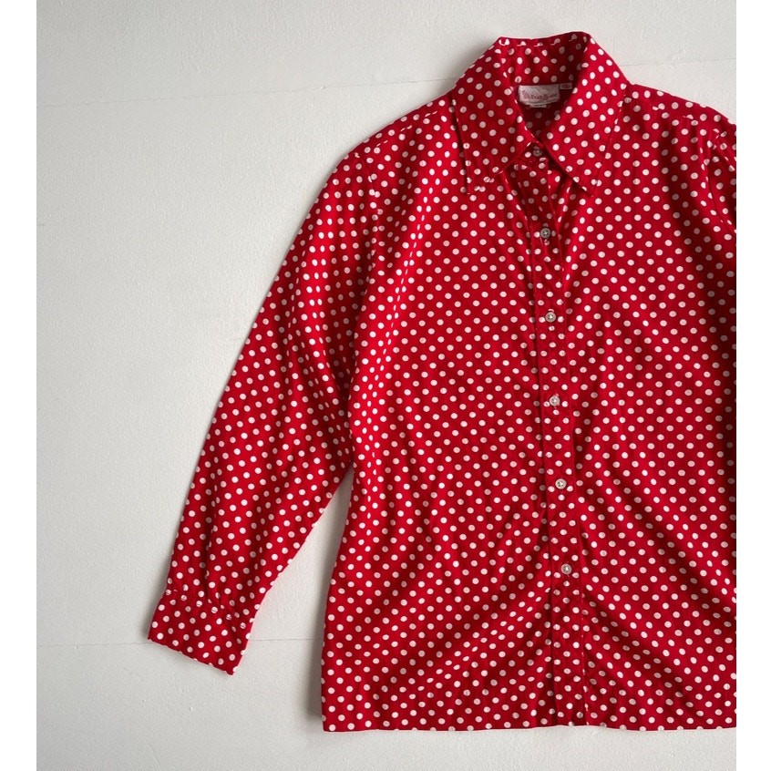 Vtg 70s Red Polkadot EVAN PICONE Collared Button Up Shirt / 14 / Retro Glam
