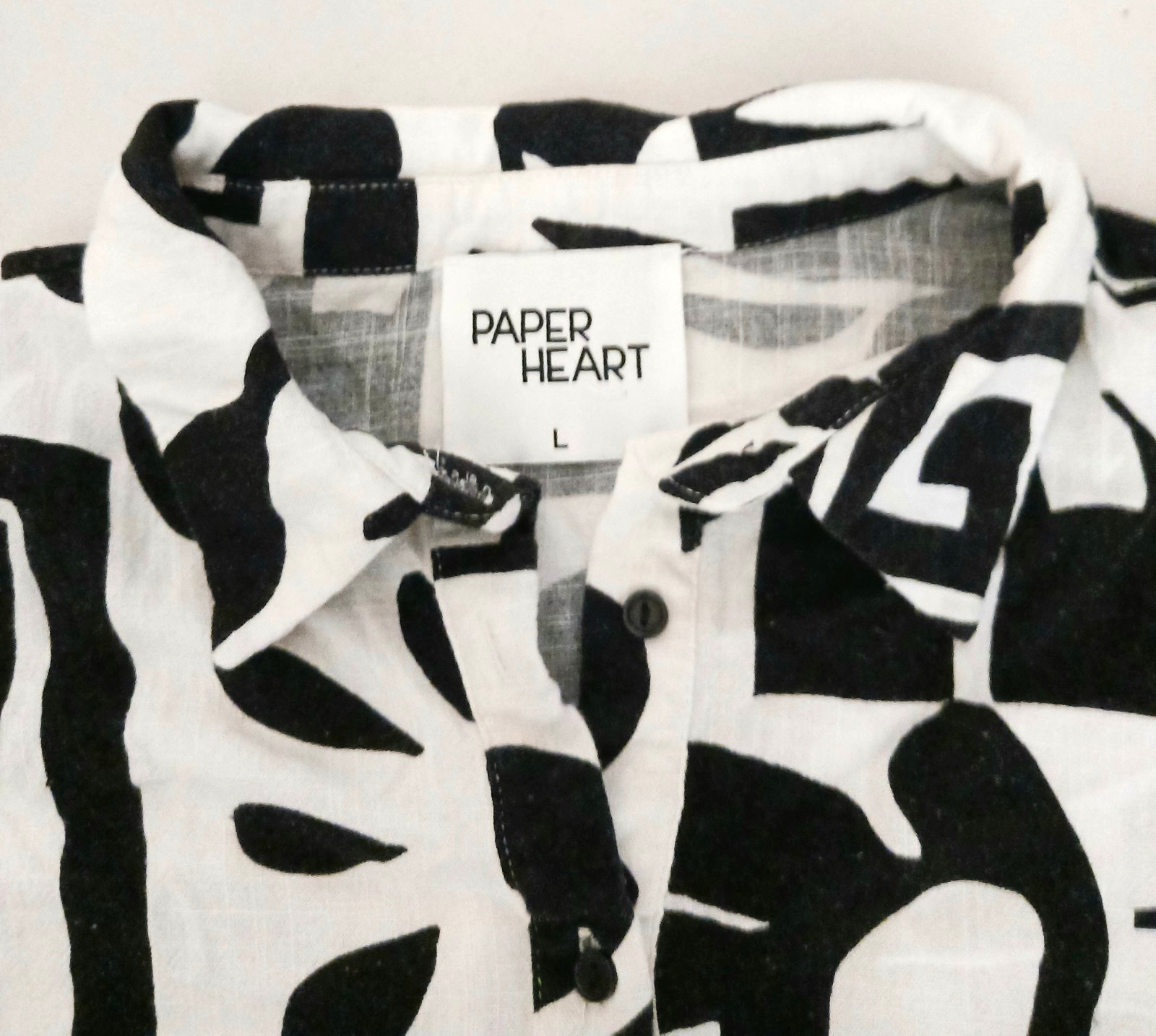 Paper Heart Australia Linen Blend Blouse Blk/White Print Tab Sleeve Sz L