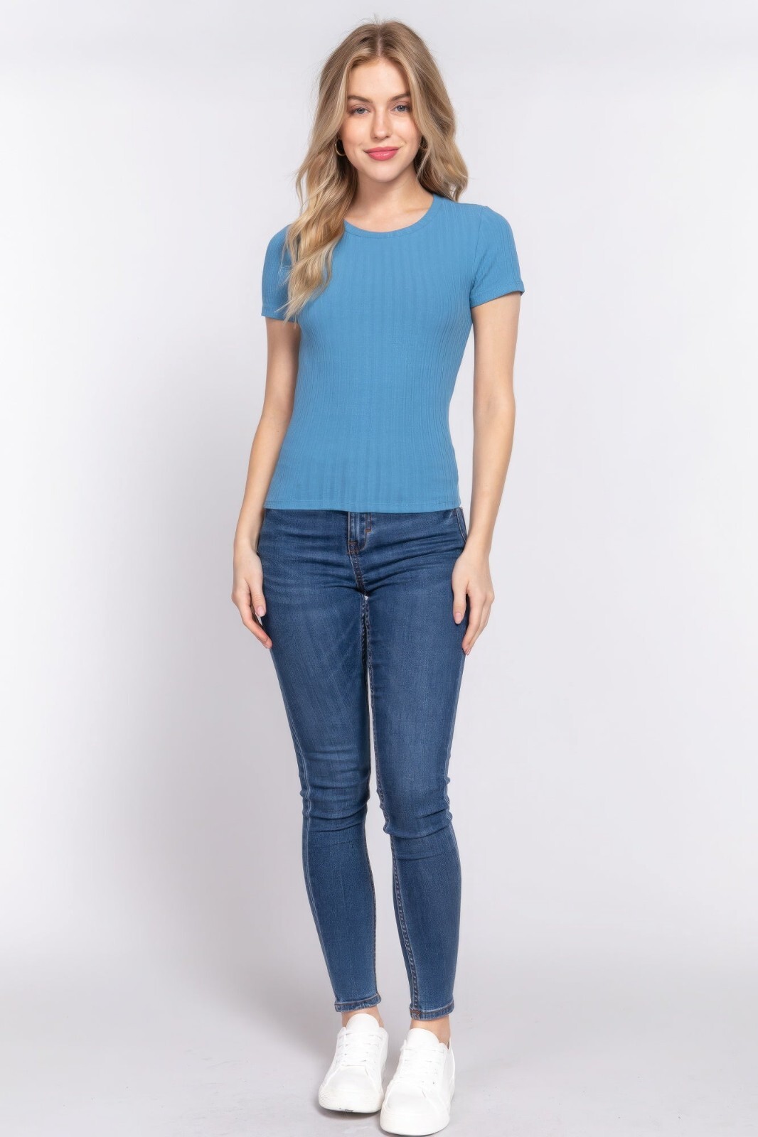 Stylish Short Sleeve Crew Neck Variegated Rib Knit Top- Perfect for Any Occasion