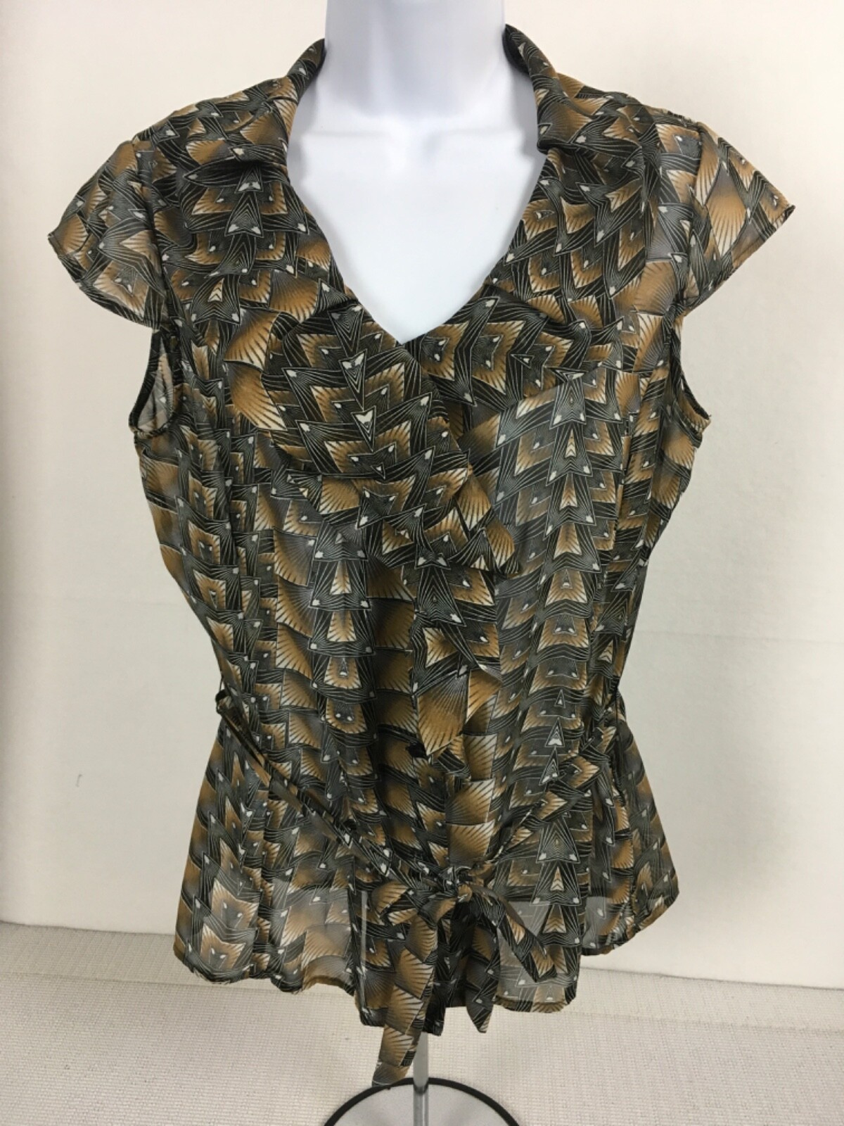 Worthington Women Top Size M Shades of Brown Ties Waist Ruffle Neck Semi Sheer