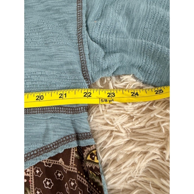 POL Small Teal Patchwork Boho Henley Top Asymmetrical Hem Mixed Print Boutique