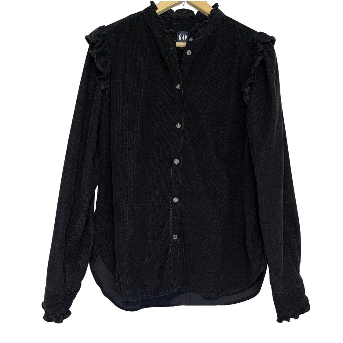 Gap Corduroy Blouse Top Ruffle Sleeve Womens M Tall Black Regency Bohemian