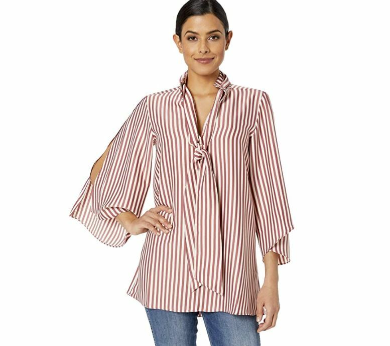 Kenneth Cole Womens L Rose Brown Striped Slit 3/4 Sleeve Scarf Tunic Top NWT