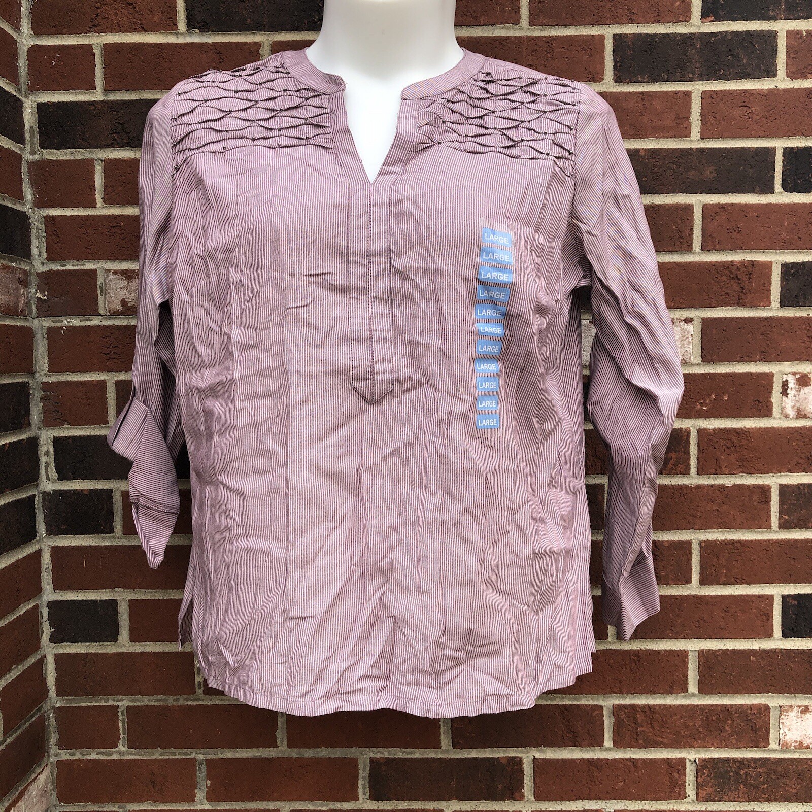 bandolino womans large blouse trinity cabernet fig NWT roll tab sleeve Missy