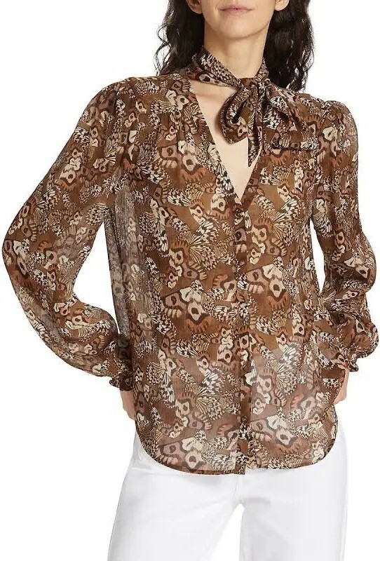 PAIGE MARCELA SILK CHIFFON BLOUSE BUTTERFLY PRINT CINNAMON MULTI SMALL NWOT