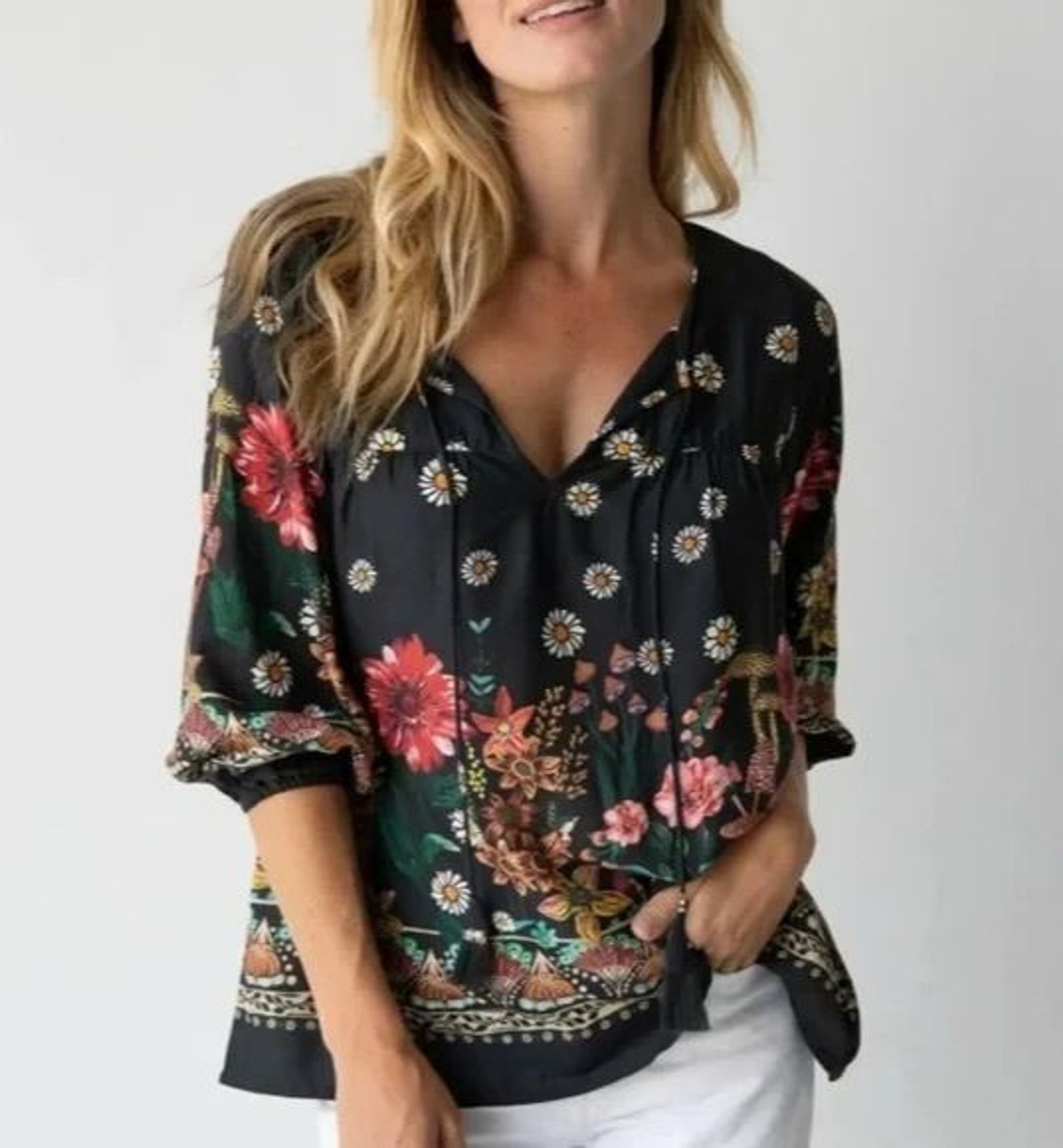 Natural Life Maribel Peasant Blouse Size XXL Mushroom Floral BOHO Cottage Hippie