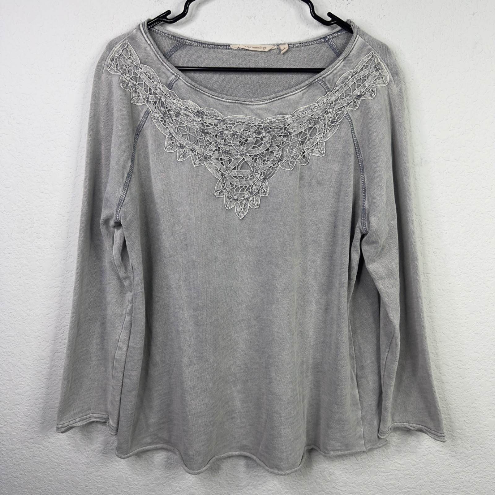 Soft Surroundings Sweatshirt Womens L Gray Crochet Lace Boho Grunge Cottagecore