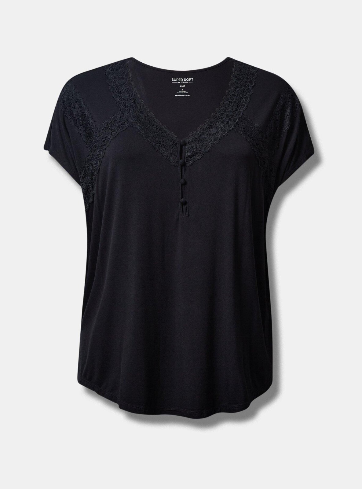 Torrid Super Soft Jersey Dolman Henley Lace Trip Top Black 00 M L 10 #G15056