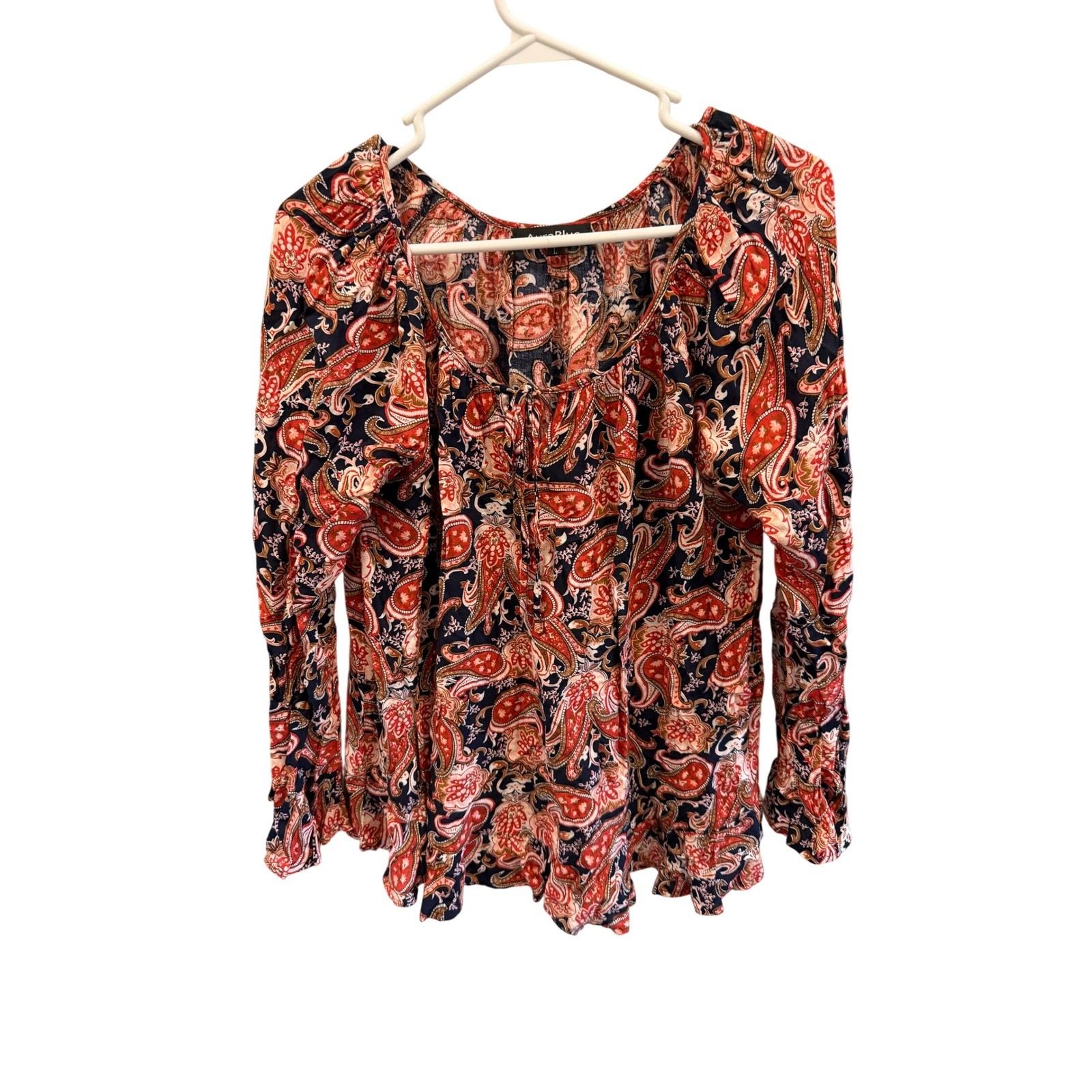 Aura Blue Paisley Long Sleeve Blouse Red Navy Boho Ruffle Cuff Top Large