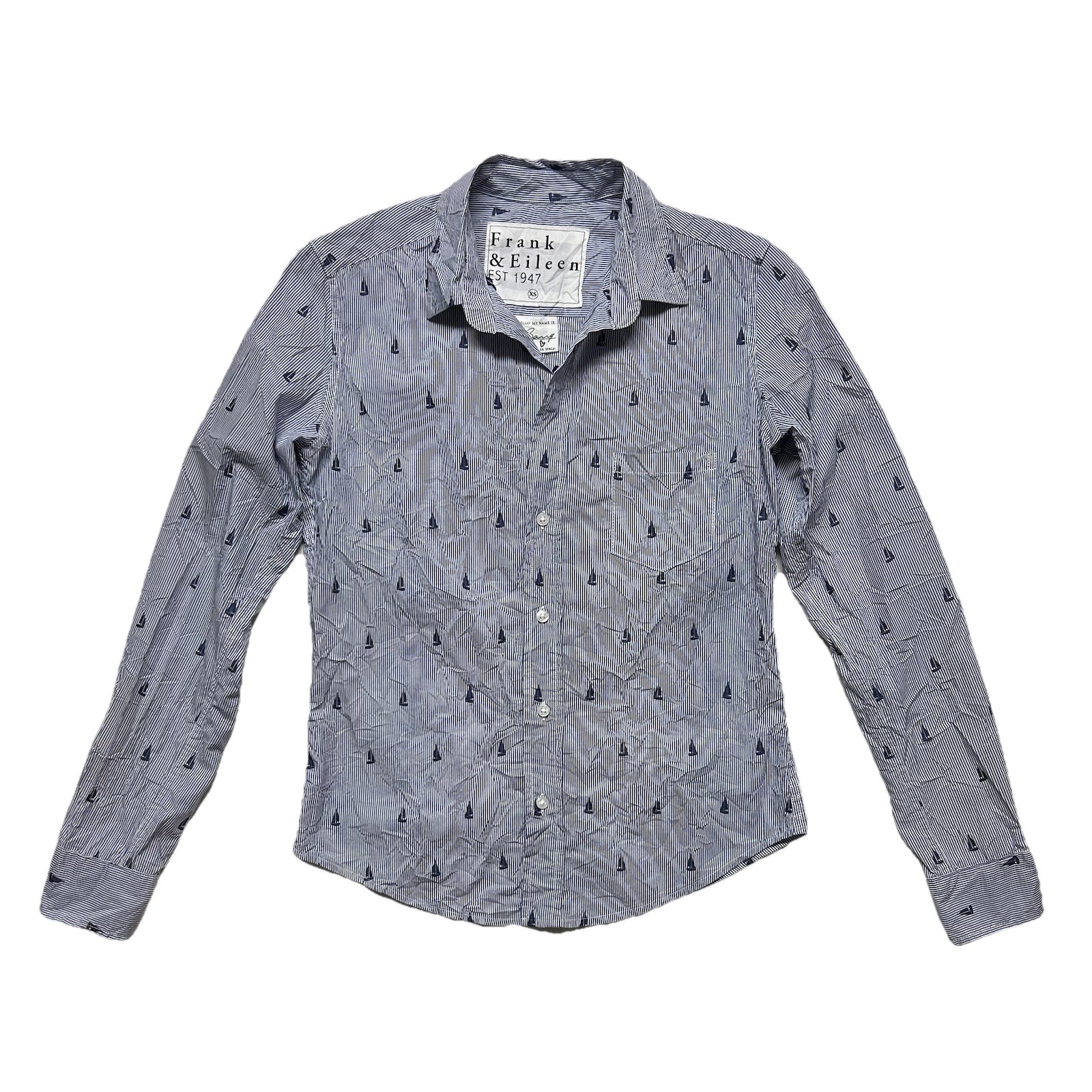 Frank & Eileen Barry Crinkle Button Shirt Blue White Stripes Sailboat Women’s XS