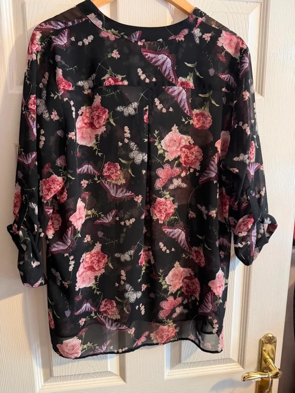 Wallis Black Floral Butterfly Sheer Blouse Top UK L Pink Romantic