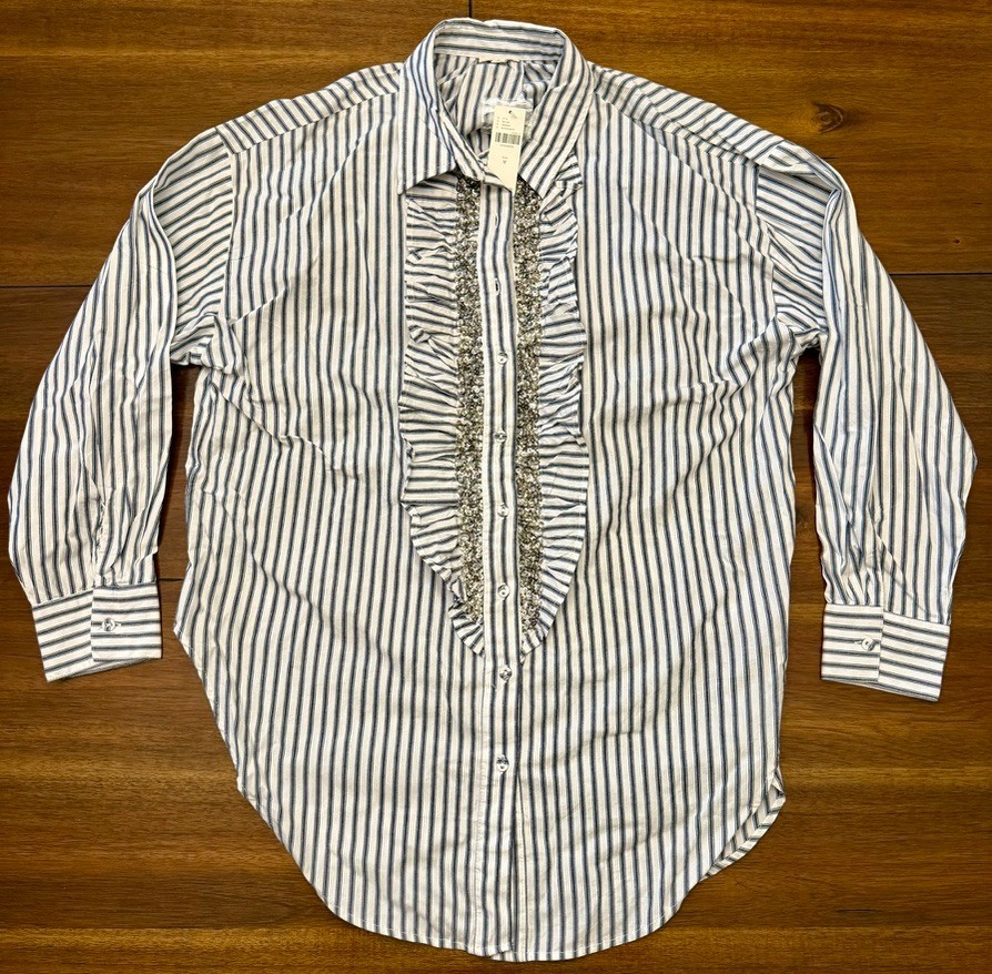 Pilcro Anthropologie Beaded Ruffle Button Front Shirt Women’s Medium NWT