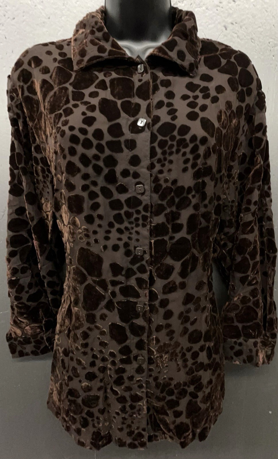 Women Velvet Burnout Top XL Brown Animal Print Leopard Blouse Artsy Whimsigoth