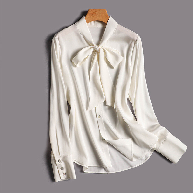 Women Knotted Bow Business Dress Ol Blouse Long Sleeve Loose Silk Tops Shirts