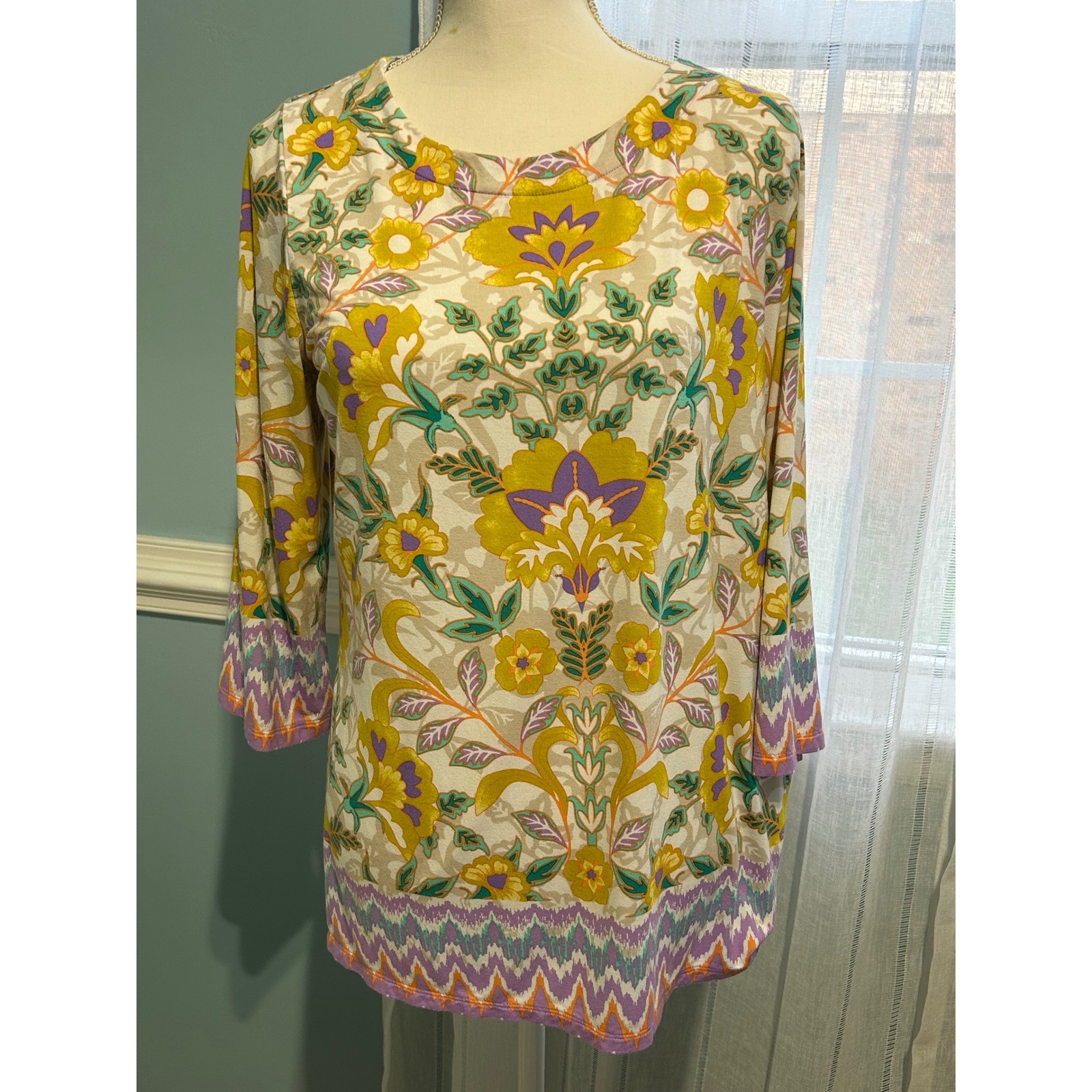 Belle Boho Kim Gravel Floral Damask Tunic Top Yellow Purple 3/4 Sleeve Medium
